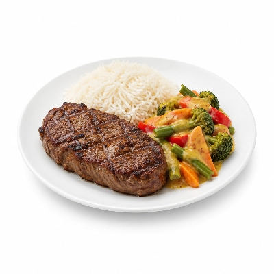 Food 4 Fitness Chargrilled Grass Fed Rump with Dijon Honey Mustard Sauce Basmati Rice & Seasonal Mix Veg 450g