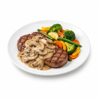 Food 4 Fitness Chargrilled Grass Fed Rump with Mushroom Sauce Seasonal Mix Veg 350g