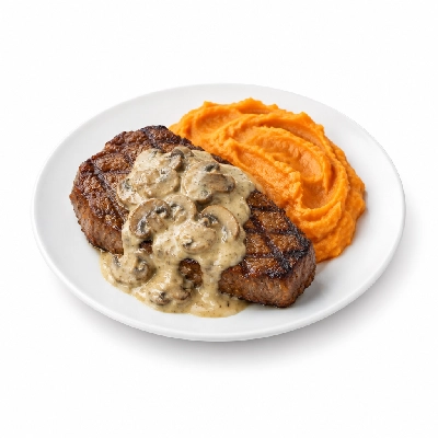 Food 4 Fitness Chargrilled Grass Fed Rump with Mushroom Sauce Sweet Potato Mash 250g