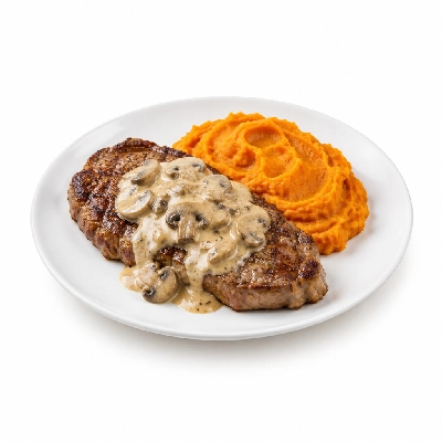 Food 4 Fitness Chargrilled Grass Fed Rump with Mushroom Sauce Sweet Potato Mash 350g