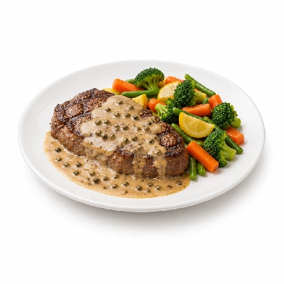 Food 4 Fitness Chargrilled Grass Fed Rump with Peppercorn Sauce Seasonal Mix Veg 450g