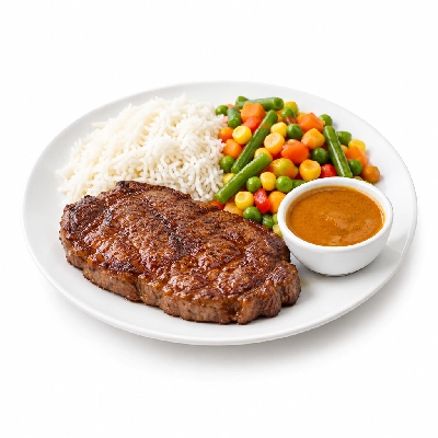 Food 4 Fitness Chargrilled Grass Fed Rump with Portuguese Sauce and Lemon Wedge Basmati Rice & Seasonal Mix Veg 350g
