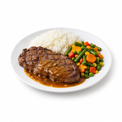Food 4 Fitness Chargrilled Grass Fed Rump with Portuguese Sauce and Lemon Wedge Basmati Rice & Seasonal Mix Veg 450g