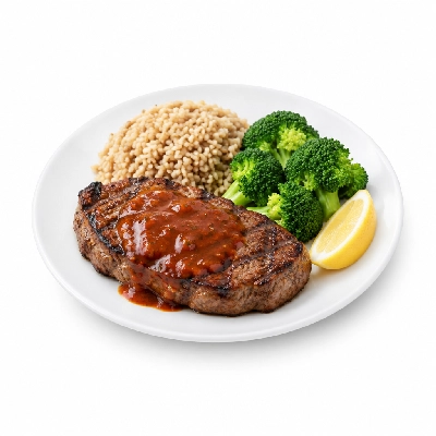 Food 4 Fitness Chargrilled Grass Fed Rump with Portuguese Sauce and Lemon Wedge Brown Rice & Broccoli 350g