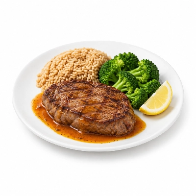Food 4 Fitness Chargrilled Grass Fed Rump with Portuguese Sauce and Lemon Wedge Brown Rice & Broccoli 450g