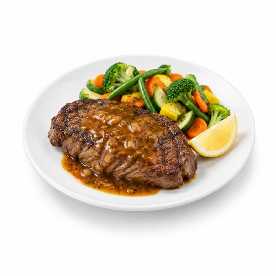 Food 4 Fitness Chargrilled Grass Fed Rump with Portuguese Sauce and Lemon Wedge Seasonal Mix Veg 250g
