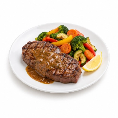 Food 4 Fitness Chargrilled Grass Fed Rump with Portuguese Sauce and Lemon Wedge Seasonal Mix Veg 350g