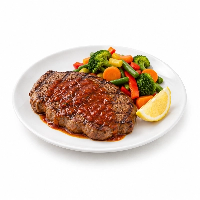 Food 4 Fitness Chargrilled Grass Fed Rump with Portuguese Sauce and Lemon Wedge Seasonal Mix Veg 450g