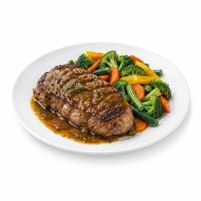 Food 4 Fitness Chargrilled Grass Fed Rump with Rosemary Sauce Seasonal Mix Veg 350g