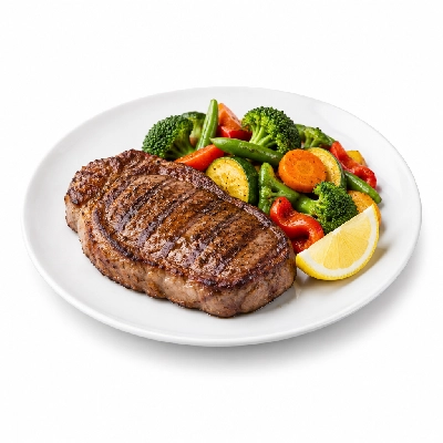 Food 4 Fitness Chargrilled Grass Fed Rump with Salt Pepper Lemon Wedge Seasonal Mix Veg 250g