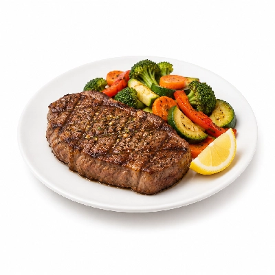 Food 4 Fitness Chargrilled Grass Fed Rump with Salt Pepper Lemon Wedge Seasonal Mix Veg 350g