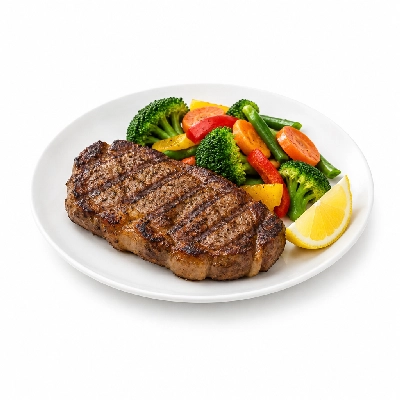Food 4 Fitness Chargrilled Grass Fed Rump with Salt Pepper Lemon Wedge Seasonal Mix Veg 450g