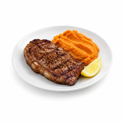 Food 4 Fitness Chargrilled Grass Fed Rump with Salt Pepper Lemon Wedge Sweet Potato Mash 350g