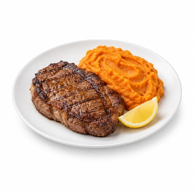 Food 4 Fitness Chargrilled Grass Fed Rump with Salt Pepper Lemon Wedge Sweet Potato Mash 450g