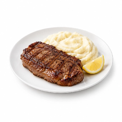 Food 4 Fitness Chargrilled Grass Fed Rump with Salt Pepper Lemon Wedge White Potato Mash 450g
