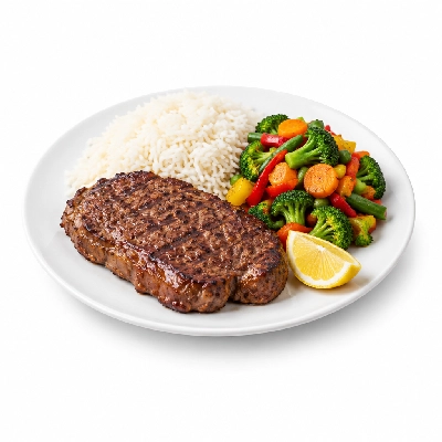 Food 4 Fitness Chargrilled Grass Fed Rump with Special Greek Sauce and Lemon Wedge Basmati Rice & Seasonal Mix Veg 250g