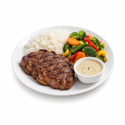 Food 4 Fitness Chargrilled Grass Fed Rump with Special Greek Sauce and Lemon Wedge Basmati Rice & Seasonal Mix Veg 350g