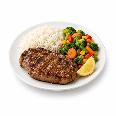 Food 4 Fitness Chargrilled Grass Fed Rump with Special Greek Sauce and Lemon Wedge Basmati Rice & Seasonal Mix Veg 450g