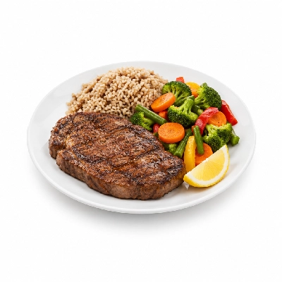 Food 4 Fitness Chargrilled Grass Fed Rump with Special Greek Sauce and Lemon Wedge Brown Rice & Seasonal Mix Veg 250g
