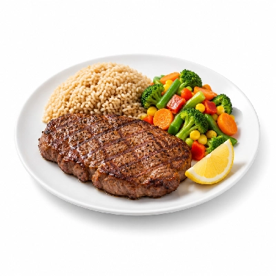 Food 4 Fitness Chargrilled Grass Fed Rump with Special Greek Sauce and Lemon Wedge Brown Rice & Seasonal Mix Veg 350g