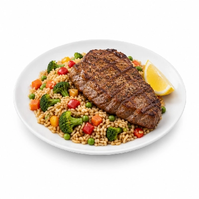 Food 4 Fitness Chargrilled Grass Fed Rump with Special Greek Sauce and Lemon Wedge Brown Rice & Seasonal Mix Veg 450g