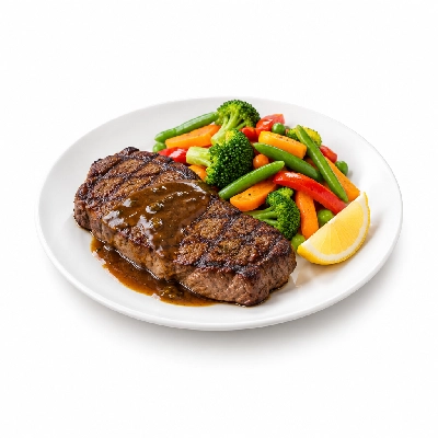 Food 4 Fitness Chargrilled Grass Fed Rump with Special Greek Sauce and Lemon Wedge Seasonal Mix Veg 250g