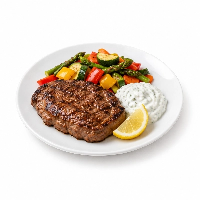 Food 4 Fitness Chargrilled Grass Fed Rump with Special Greek Sauce and Lemon Wedge Seasonal Mix Veg 350g