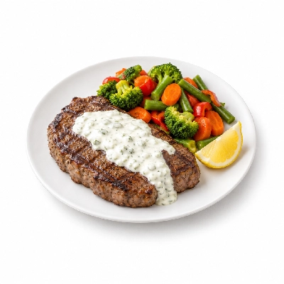 Food 4 Fitness Chargrilled Grass Fed Rump with Special Greek Sauce and Lemon Wedge Seasonal Mix Veg 450g