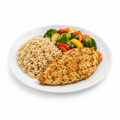 Food 4 Fitness Herb and Parmesan Baked Chicken Breast Brown Rice & Seasonal Mix Veg 450g