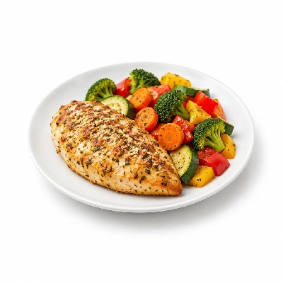 Food 4 Fitness Herb and Parmesan Baked Chicken Breast Seasonal Mix Veg 250g
