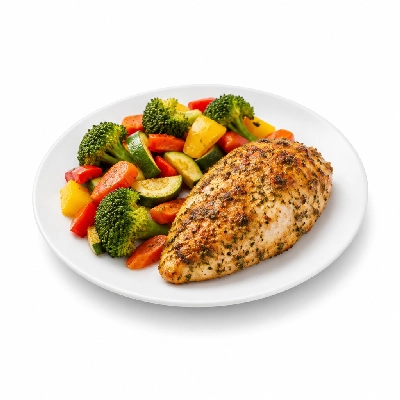 Food 4 Fitness Herb and Parmesan Baked Chicken Breast Seasonal Mix Veg 350g