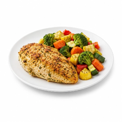 Food 4 Fitness Herb and Parmesan Baked Chicken Breast Seasonal Mix Veg 450g