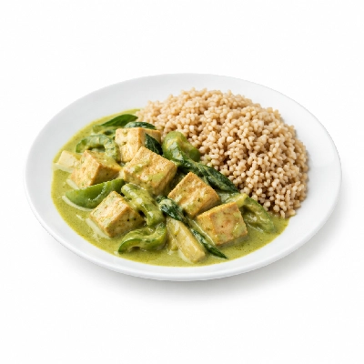 Food 4 Fitness High Protein Tofu with Thai Green Curry Sauce Stir Fry Brown Rice 450g
