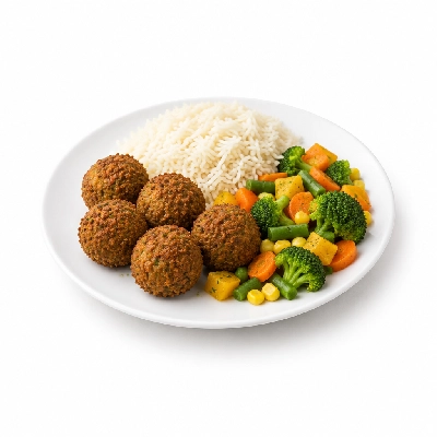 Food 4 Fitness Homemade Falafel with Tahini Basmati Rice & Seasonal Mix Veg 350g