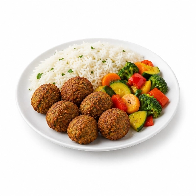 Food 4 Fitness Homemade Falafel with Tahini Basmati Rice & Seasonal Mix Veg 450g