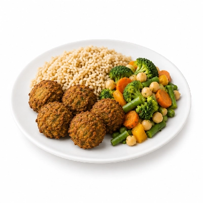 Food 4 Fitness Homemade Falafel with Tahini Brown Rice & Seasonal Mix Veg 250g