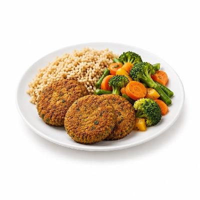 Food 4 Fitness Homemade Falafel with Tahini Brown Rice & Seasonal Mix Veg 350g