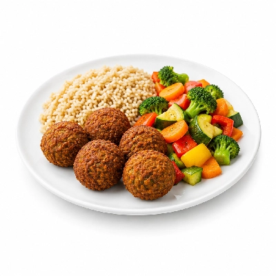 Food 4 Fitness Homemade Falafel with Tahini Brown Rice & Seasonal Mix Veg 450g