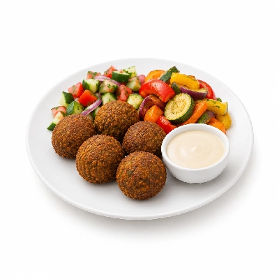 Food 4 Fitness Homemade Falafel with Tahini Seasonal Mix Veg 250g