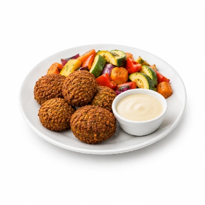 Food 4 Fitness Homemade Falafel with Tahini Seasonal Mix Veg 450g