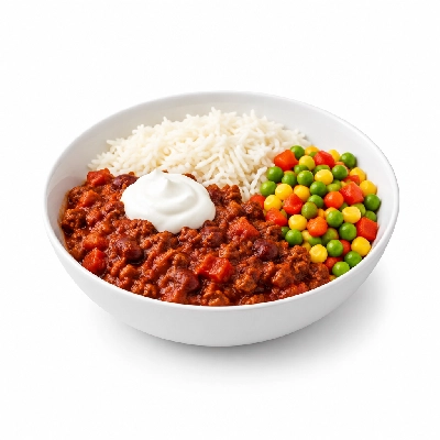 Food 4 Fitness Lean Beef Chill Con Carne with Light Sour Cream Basmati Rice & Peas Corn Capsicum 250g