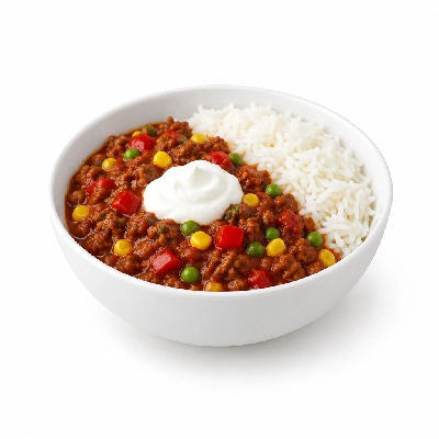Food 4 Fitness Lean Beef Chill Con Carne with Light Sour Cream Basmati Rice & Peas Corn Capsicum 350g