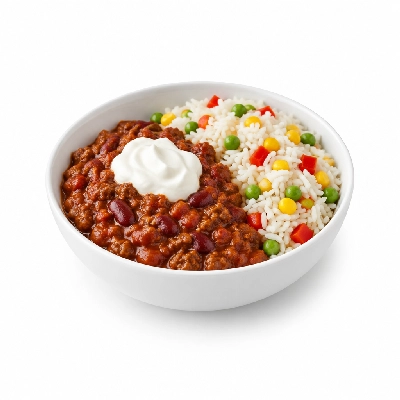 Food 4 Fitness Lean Beef Chill Con Carne with Light Sour Cream Basmati Rice & Peas Corn Capsicum 450g