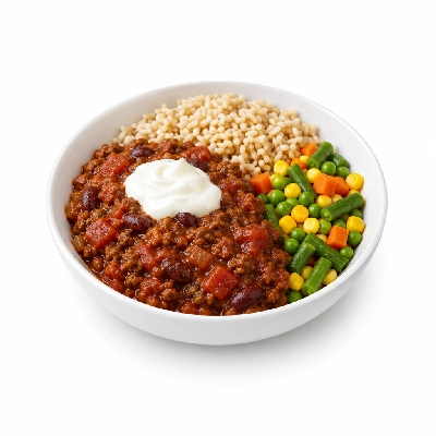 Food 4 Fitness Lean Beef Chill Con Carne with Light Sour Cream Brown Rice & Seasonal Mix Veg 350g
