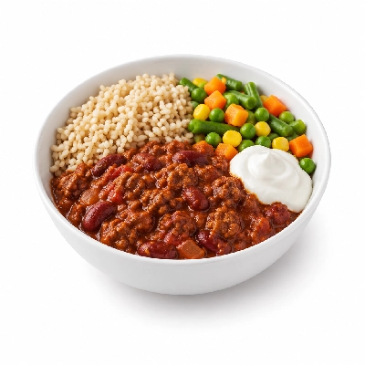 Food 4 Fitness Lean Beef Chill Con Carne with Light Sour Cream Brown Rice & Seasonal Mix Veg 450g