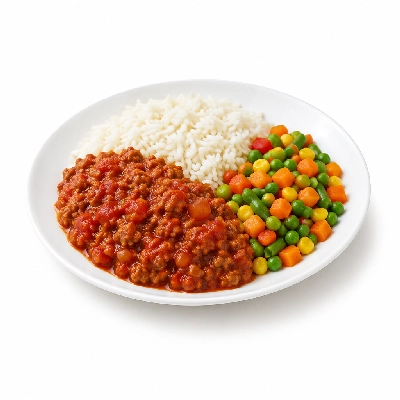 Food 4 Fitness Lean Beef Italian Bolognese with Parmesan Basmati Rice & Seasonal Mix Veg 350g