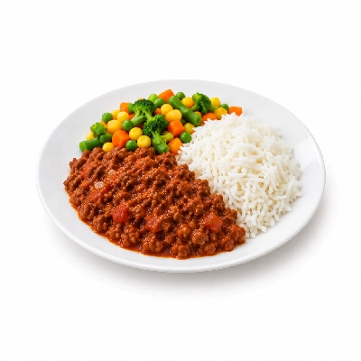Food 4 Fitness Lean Beef Italian Bolognese with Parmesan Basmati Rice & Seasonal Mix Veg 450g