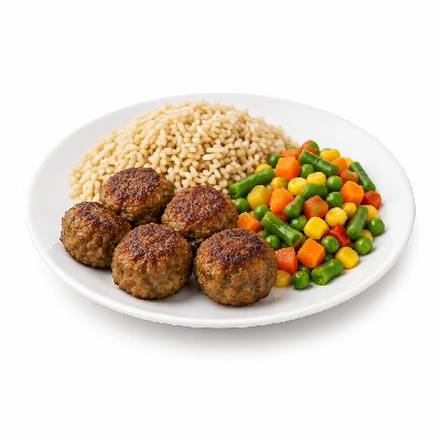 Food 4 Fitness Middle Eastern Kofta Balls Brown Rice & Seasonal Mix Veg 350g