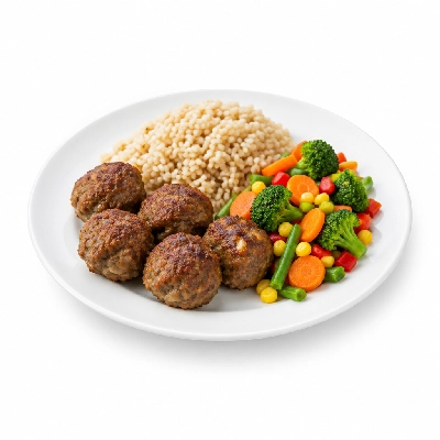 Food 4 Fitness Middle Eastern Kofta Balls Brown Rice & Seasonal Mix Veg 450g