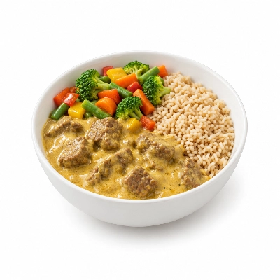 Food 4 Fitness Mild Korma Beef Curry Brown Rice & Seasonal Mix Veg 250g